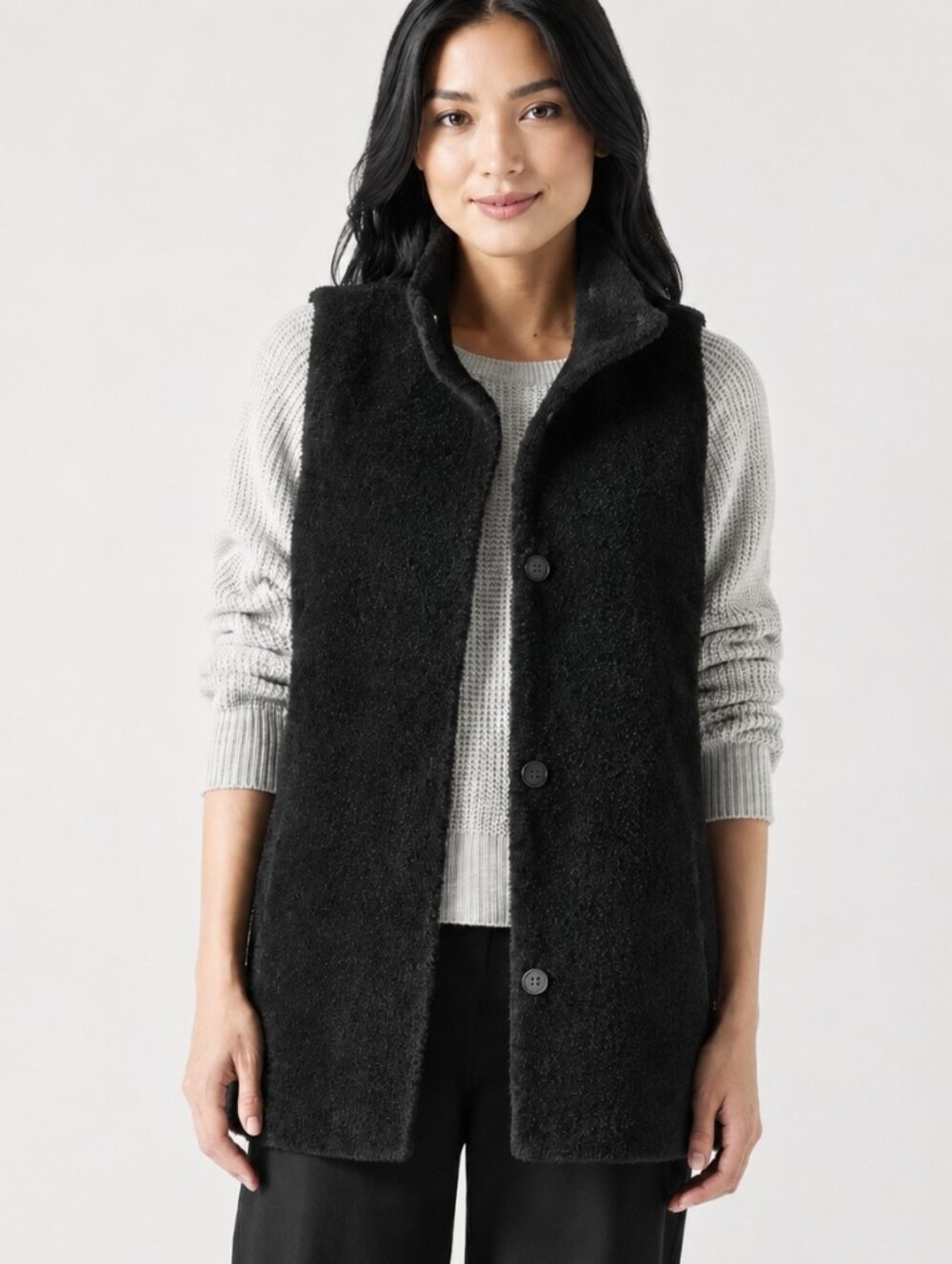Eileen Fisher Fine Wool/Alpaca Stand Collar Vest Black Knit Women's Size M